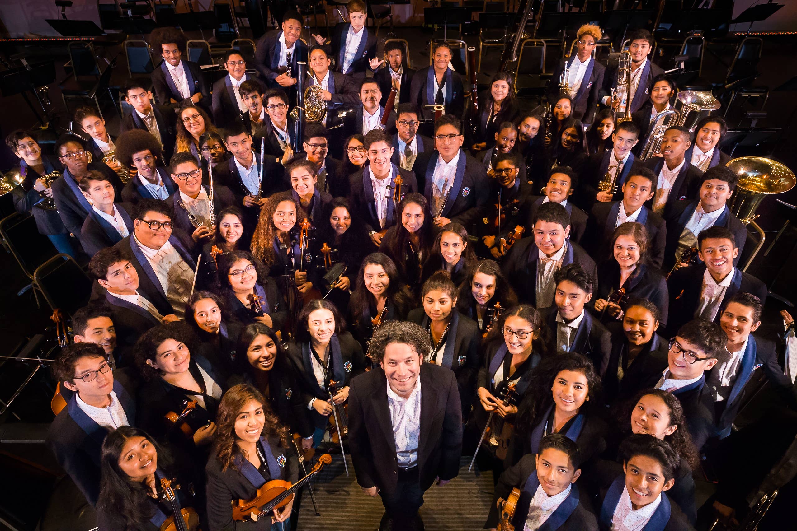 A YOLA group photo during their 2016 California Tour with Gustavo Dudamel in the center.