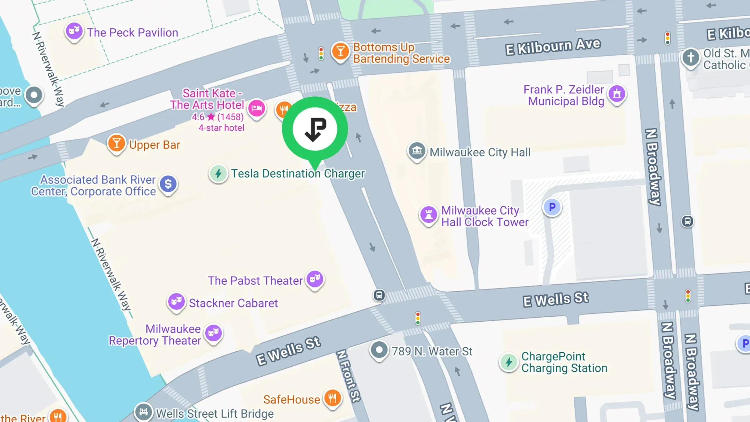 Map view of Milwaukee downtown streets, highlighting iParkit, The Associated Banker Theater Center, and nearby venues