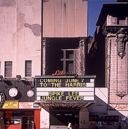 The Liberty Theatre marquee showing Spike Lee's Jungle Fever in yellow letters