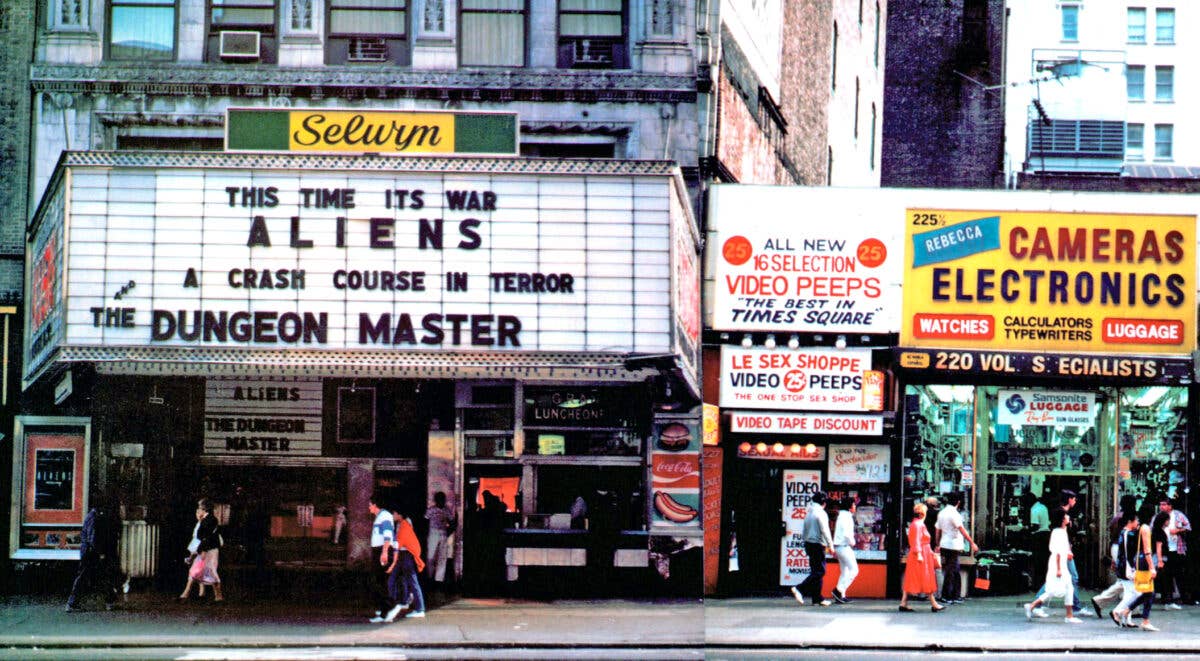 Street storefronts with the Selwyn Theatre marquee reading Selenium and This Time Its War Aliens, plus electronics ads.