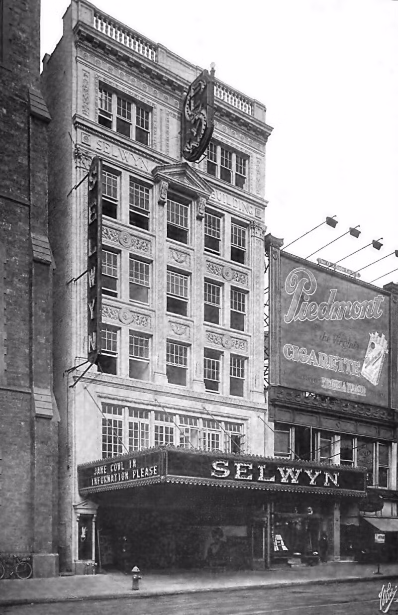 Black and white photo of the original Selwyn Theatre facade