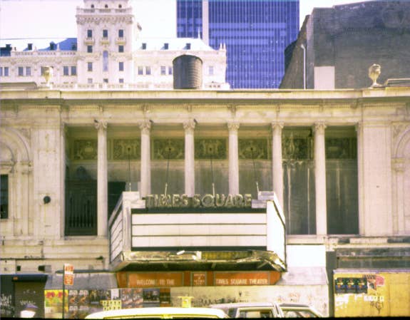 Times Square Theatre marquee in sunlight.