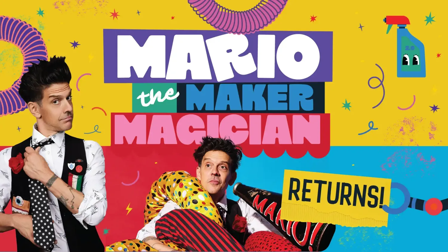 Mario the Maker Magician Returns! Surrounding the text are colorful, illustrated squiggles and two photos of Mario Marchese.