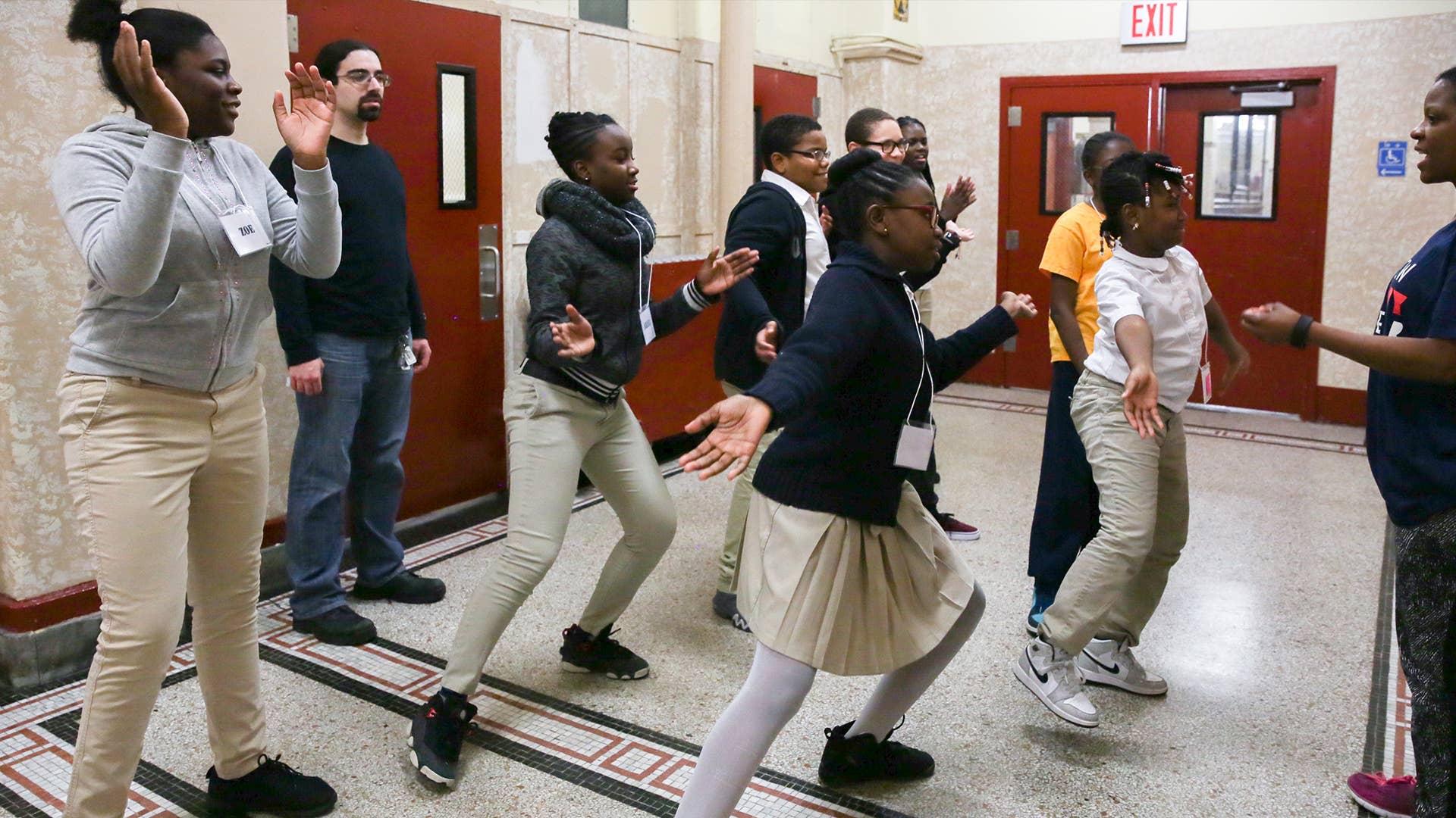 Students from a New Victory Partner School dancing in a Classroom Workshop.