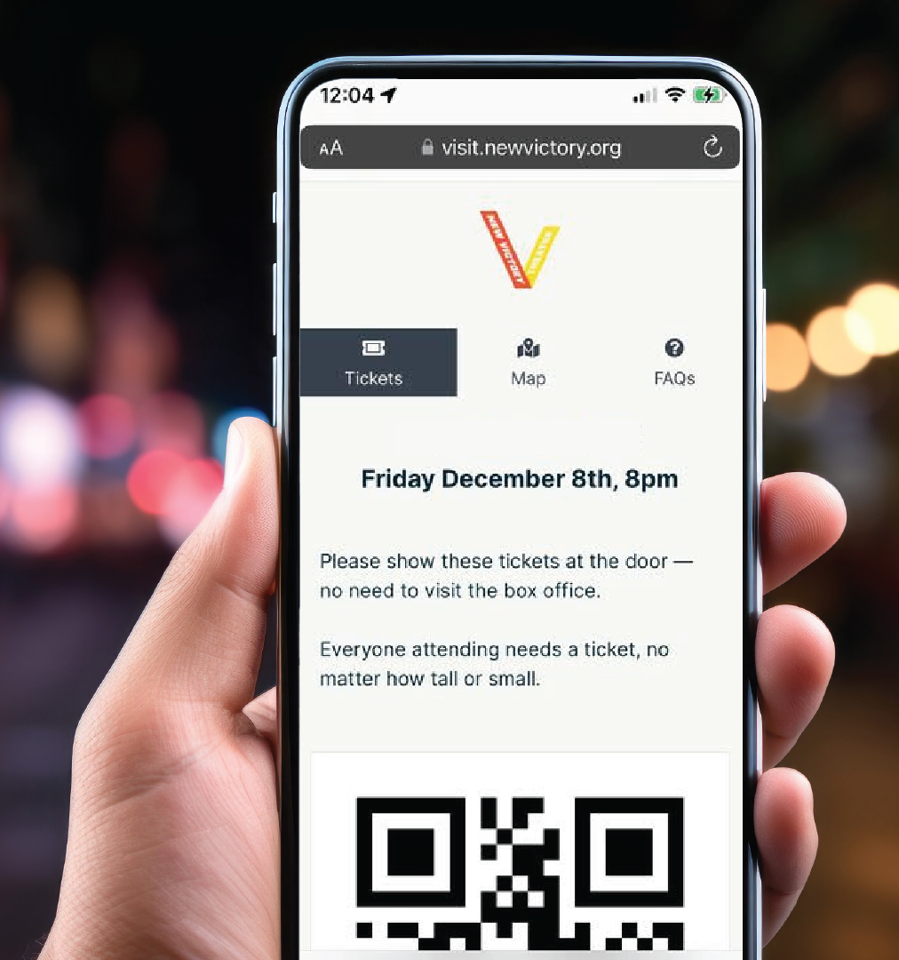 A patron holds up a photo of their ticket on their mobile phone