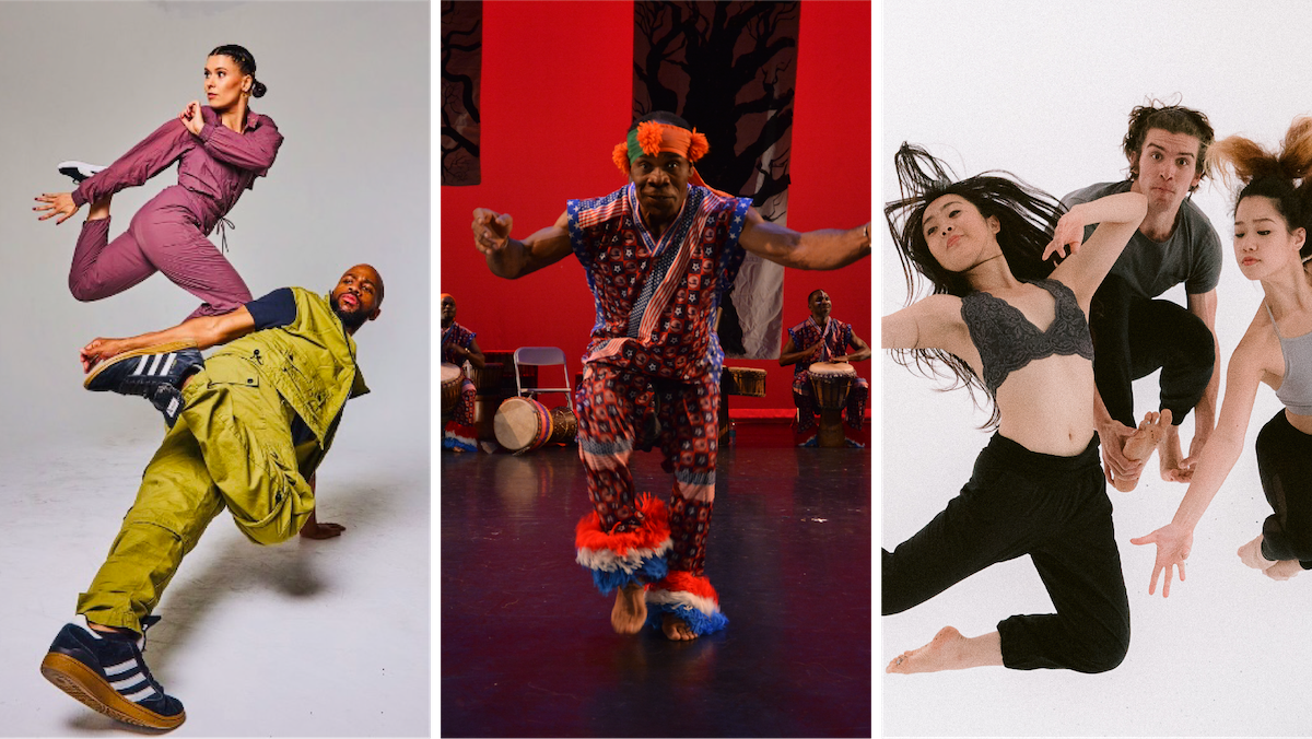 Three photos side by side: two dancers in monochrome sportswear, a woman in mauve and a man in chartreuse, from Ephrat Asherie Dance; Vado Diomande from Kotchenga Dance Company, a black man in colorful Ivorian costume with red white and blue feathers around his ankles, a green and red pom-pommed headband and a jumpsuit of many patterns; and three dancers from Barkin Selissen Project, two Asian women and a white man, mid-air in lightweight black and grey pants and tops