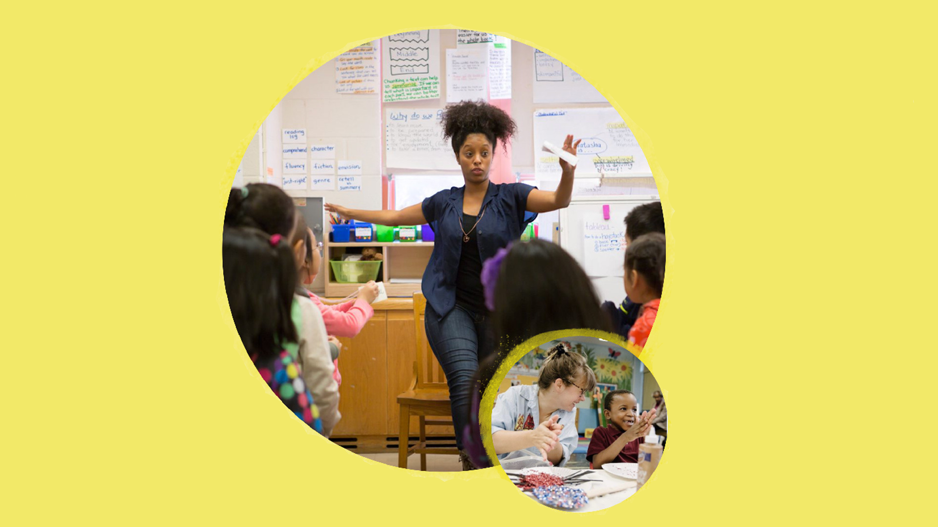 A teacher with her arms extended in the front of a class.