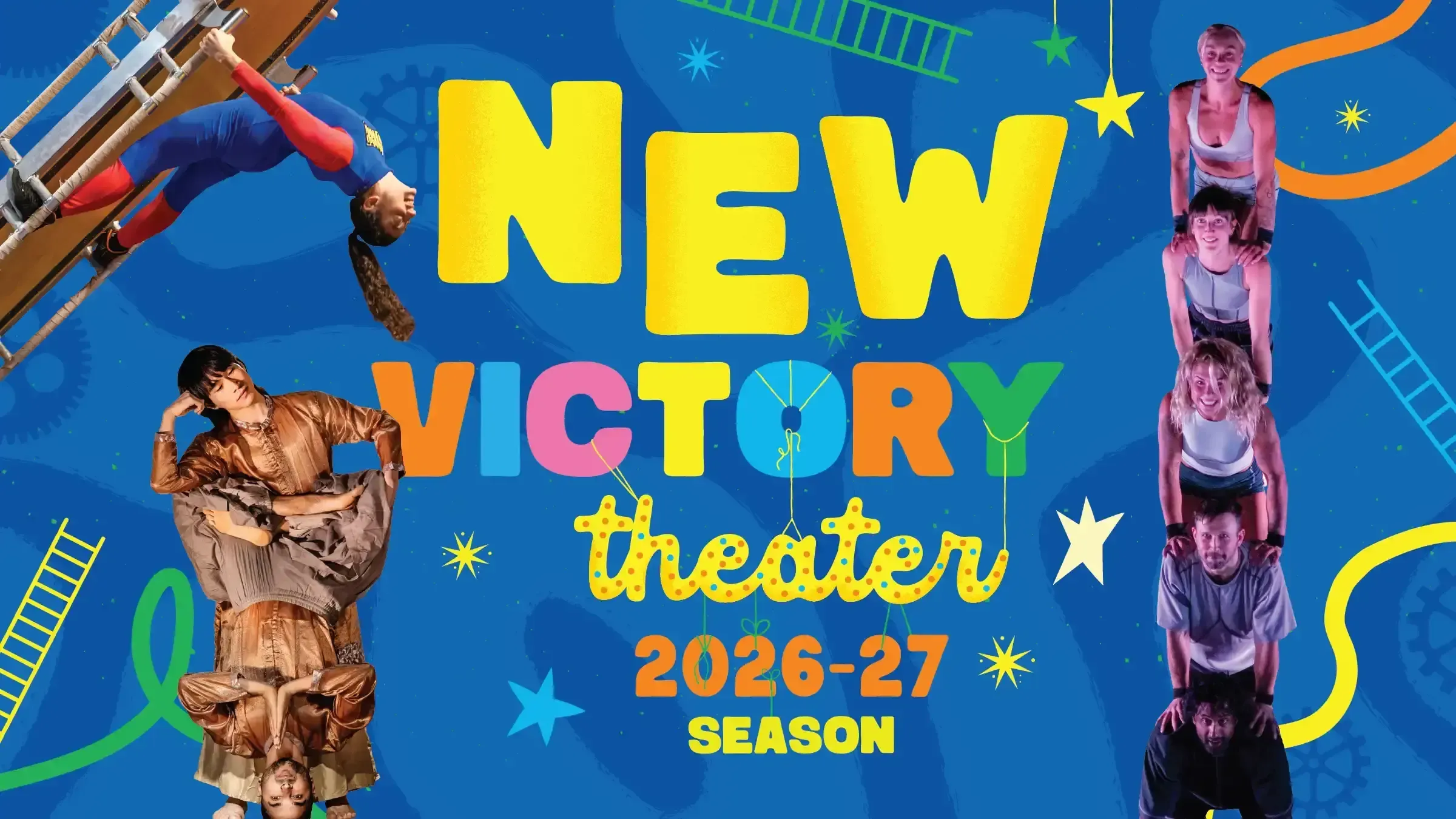 New Victor Theater poster featuring people in colorful costumes on a blue illustrated background for the 2026–2027 season