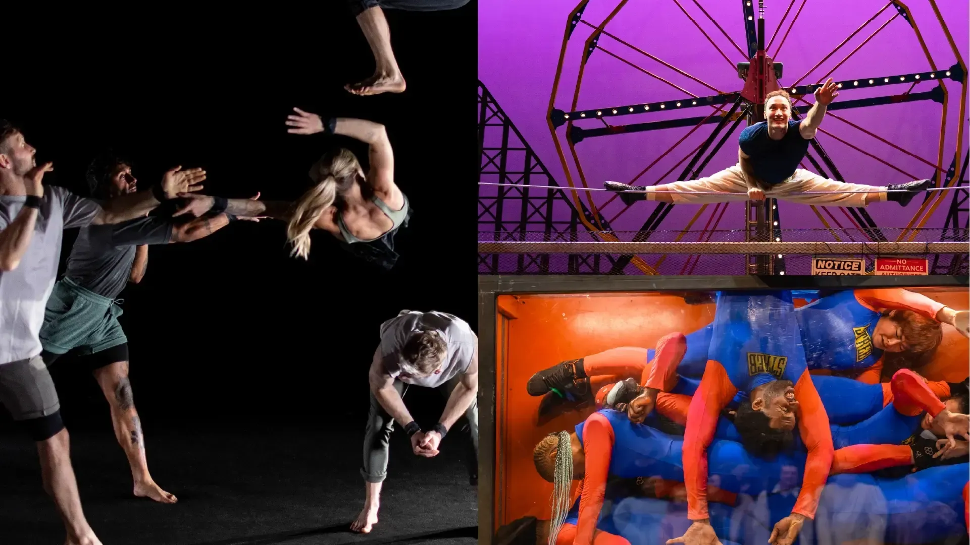 Three photos of performers from TEN THOUSAND HOURS, TILT! and DO NOT TRY THIS AT HOME