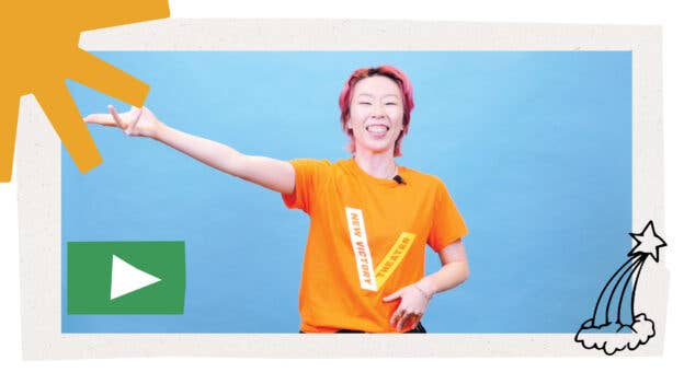 New Victory Teaching Artist Sun Kim smiles and holds their arm out to the left.
