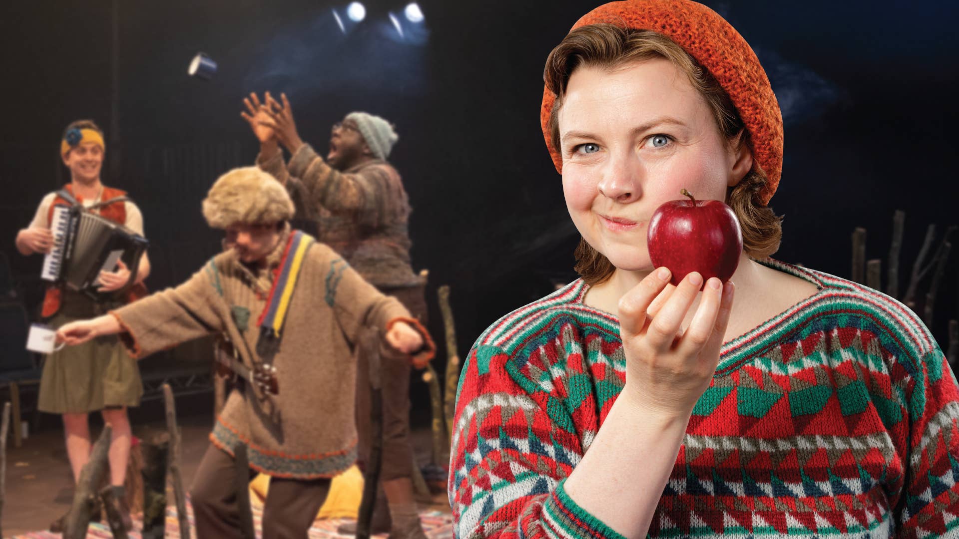 A woman wearing an orange hat and colorful shirt holds a red apple up to her face, and in the background to the left, three actors dance and play instruments.