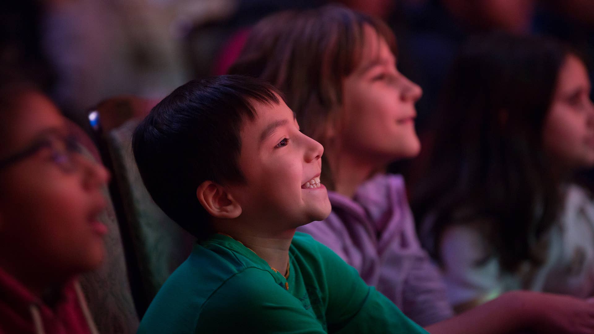 A young smiling boy watches a performance.