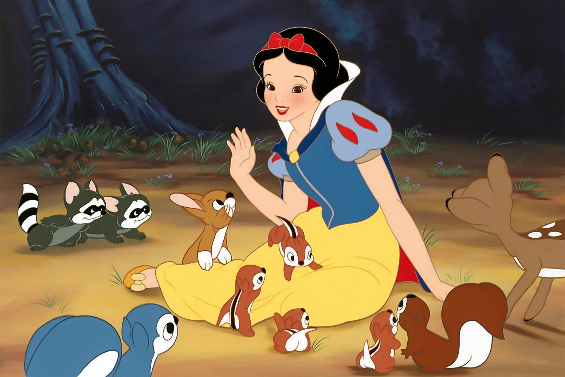Snow White kneels in a forest clearing with animals, holding a white bow and waving while surrounded by woodland friends.