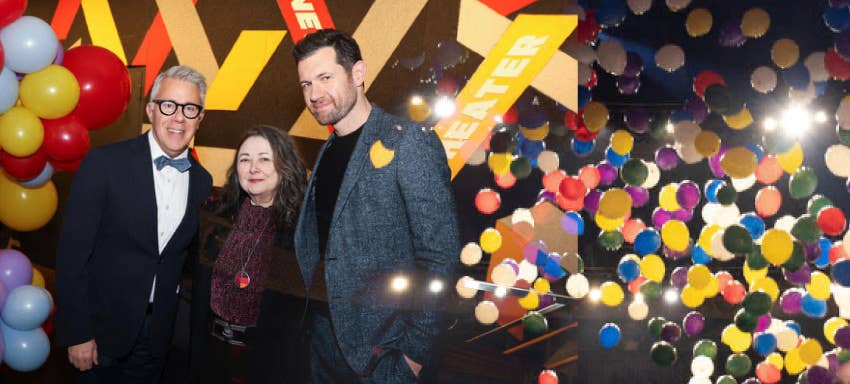 Russell Granet, Mary Rose Lloyd and Billy Eichner pose at a colorful party with a confetti backdrop.