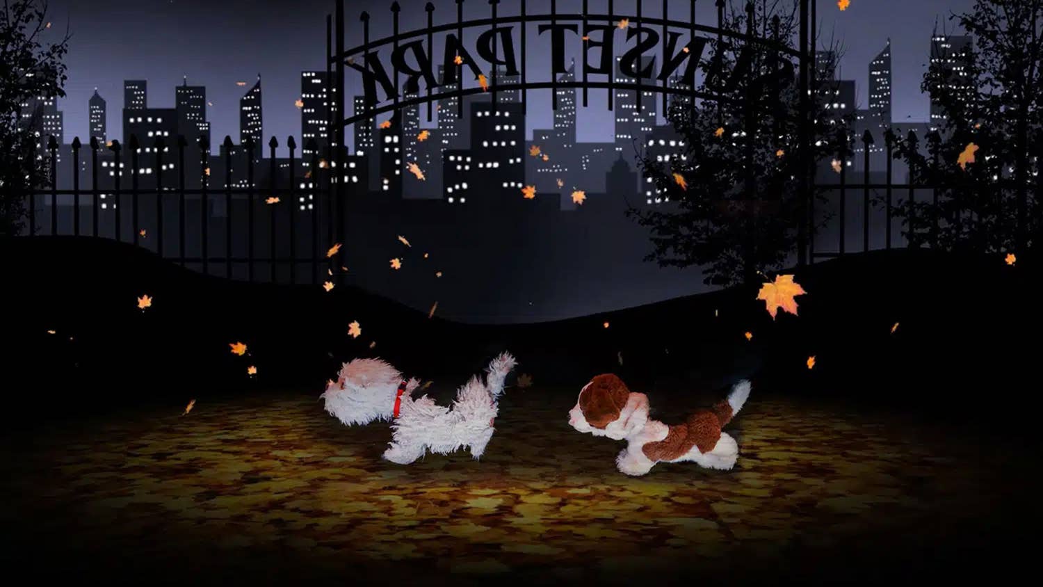 A fluffy white dog puppet wearing a red collar and a white dog puppet with brown spots run past the Sunset Park gate and orange leaves fall to the ground.
