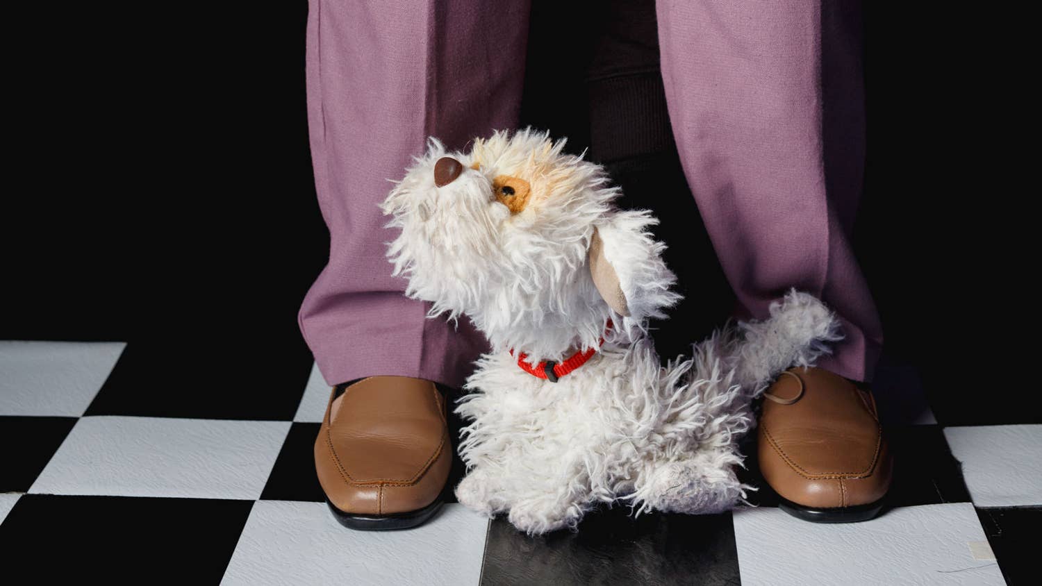 A fluffy white dog puppet with a red collar sits on a black and white checkered floor looking up at a person wearing brown shoes and purple pants.