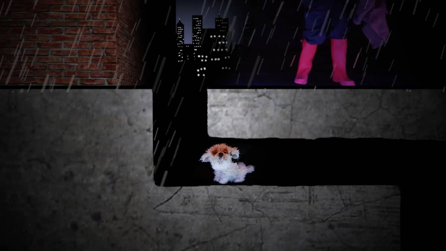 A fluffy white dog puppet stands in a dark, underground tunnel as it rains. Above ground, a person stands in pink rain boots and purple clothes.