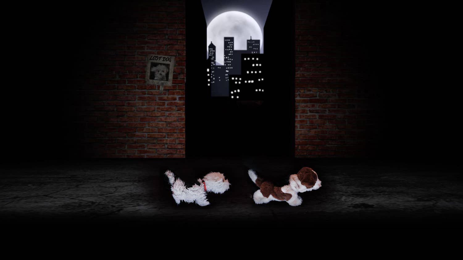 A fluffy white dog puppet with a red collar and a white dog puppet with brown spots run past a lost dog poster on a brick wall with a picture of a fluffy white dog.