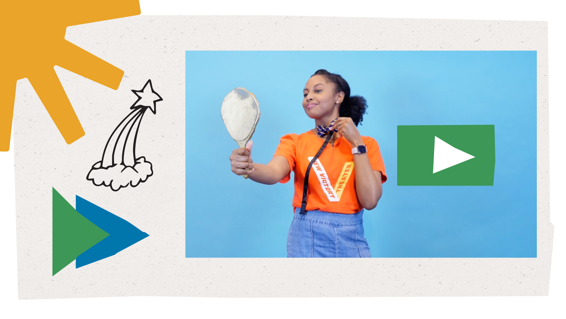 A New Victory Teaching Artist looks into a hand mirror and holds a bow tie to her neck. In the center is a green play button.