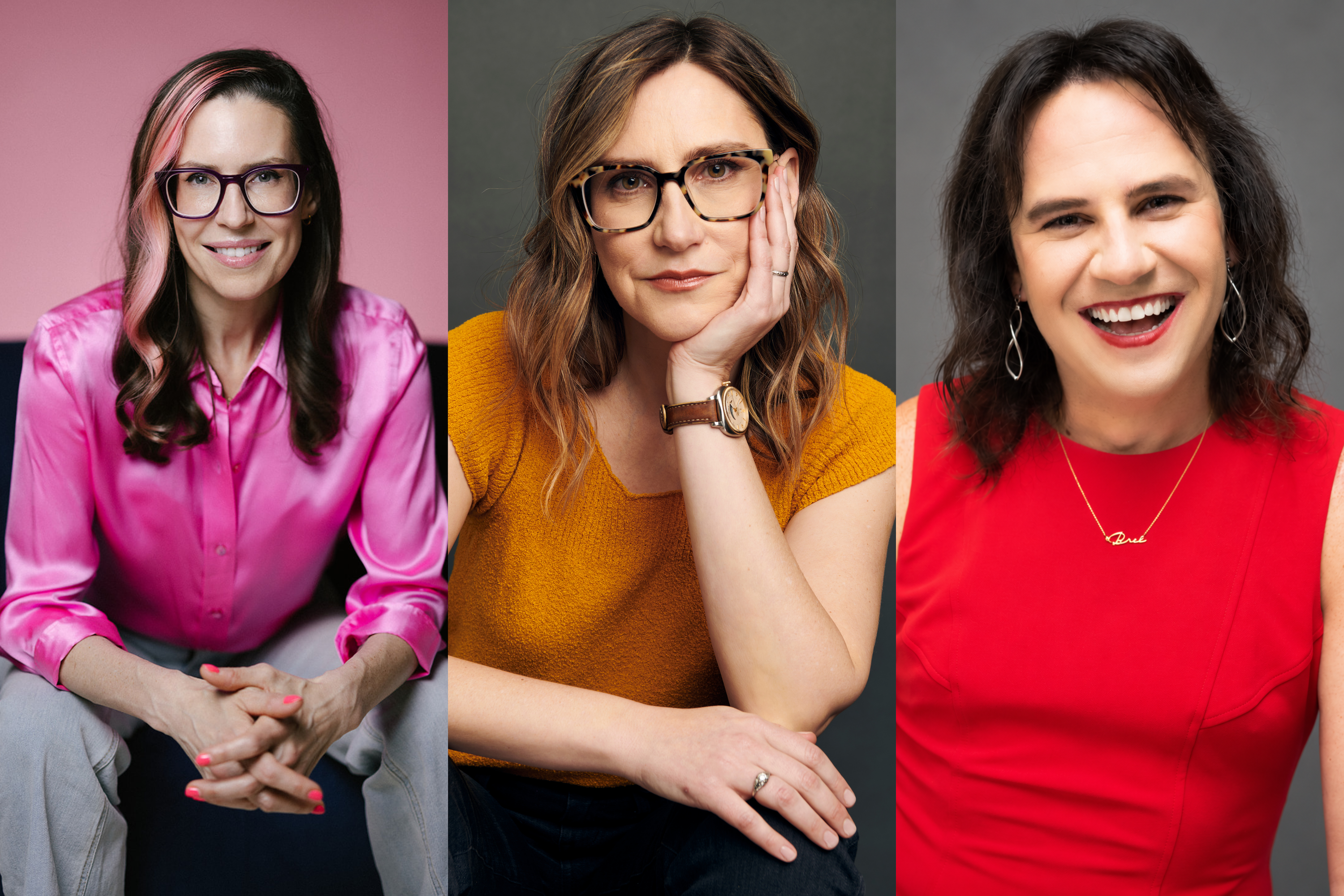 Three headshots. The woman on the left has dark hair and a pink top with a light pink background, the middle woman has light brown hair and an orange top with a grey background, and the women on the right wears a red top in front of a grey background
