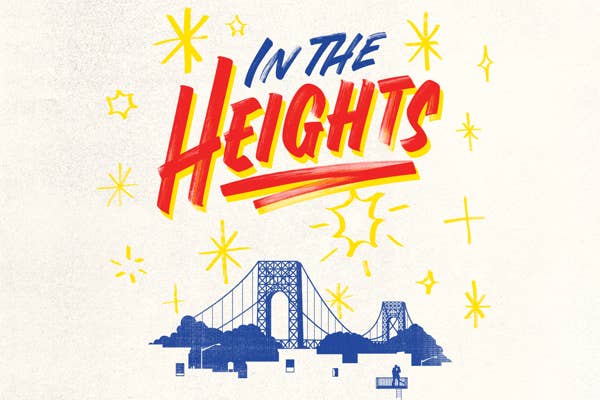 Text "In the Heights" in bold colors with yellow stars and a blue bridge silhouette below.
