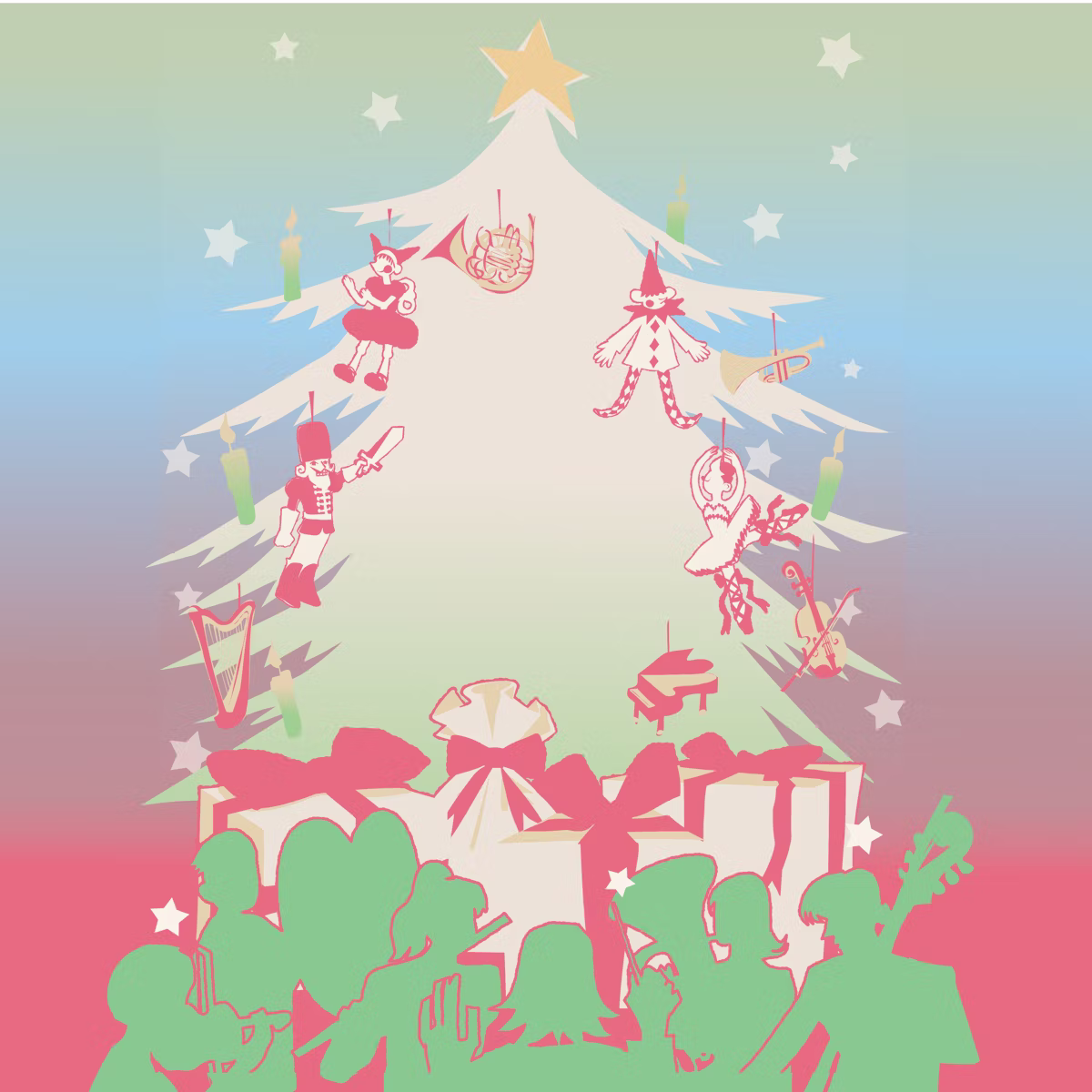 Fantasy illustration of a star tree with whimsical characters holding candles, music, and gifts, surrounded by stars and silhouettes