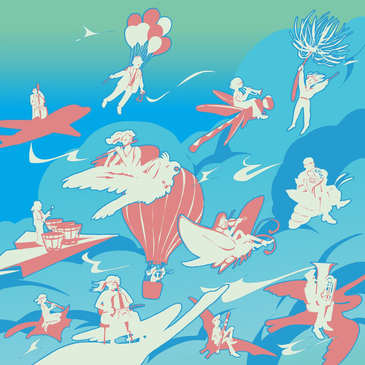 Surreal scene of white-silhouette people flying on pink planes across blue sky, surrounded by birds and winged objects