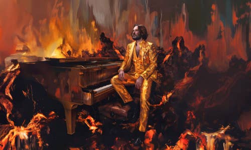 Man in gold suit sits at a piano amid flames and explosions, fiery battlefield backdrop with sparks and debris.