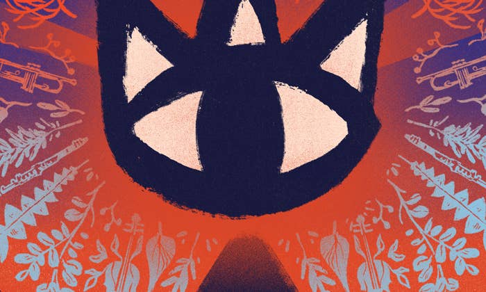 Stylized cat face with large eyes, surrounded by musical instruments and foliage in vibrant red and blue hues.