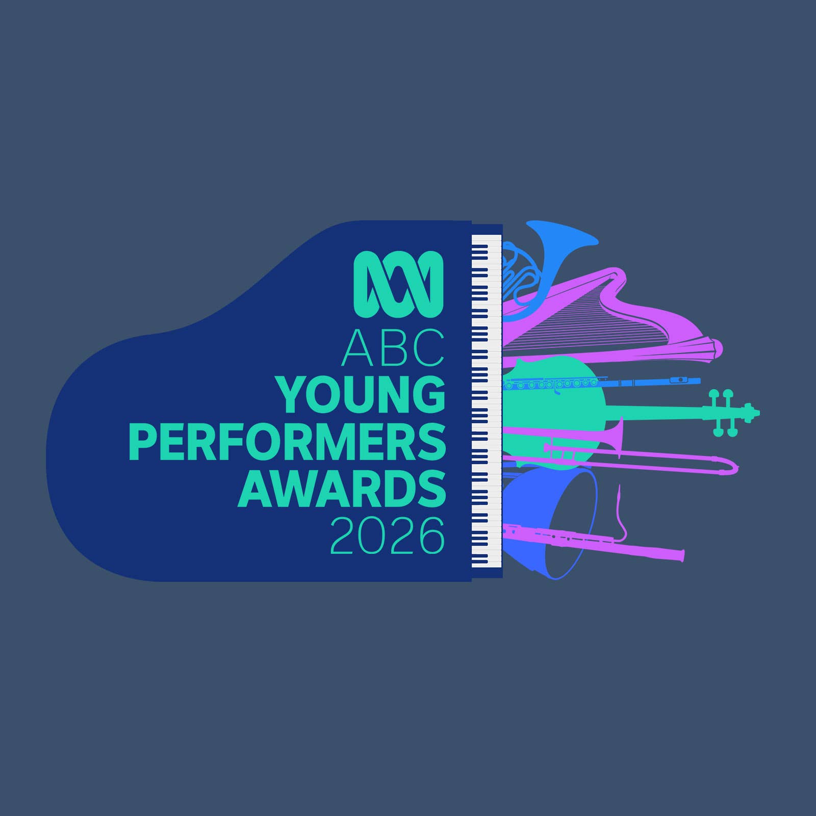 ABC Young Performers Awards 2026 logo with musical instruments and a piano shape on a blue background.