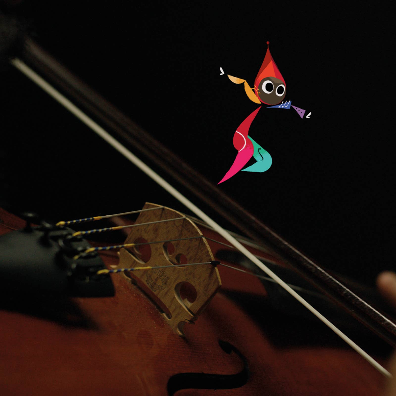 Close-up of a violin bridge and strings with a colorful, abstract character playing a flute in the background.