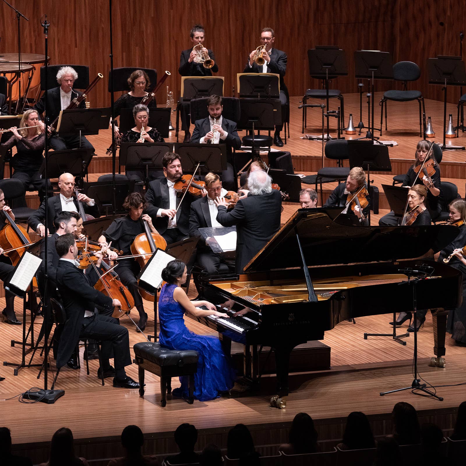Orchestra concert in a wood-paneled hall with musicians playing brass, strings, and piano.