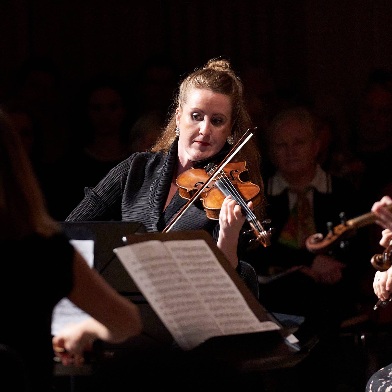 Violinist in a dark concert hall holding a brown violin and bow, focused on sheet music during performance