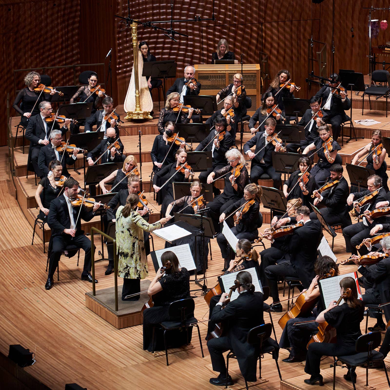 Orchestra seated on stage, multiple musicians playing violins and an upright harp near the center in a concert hall