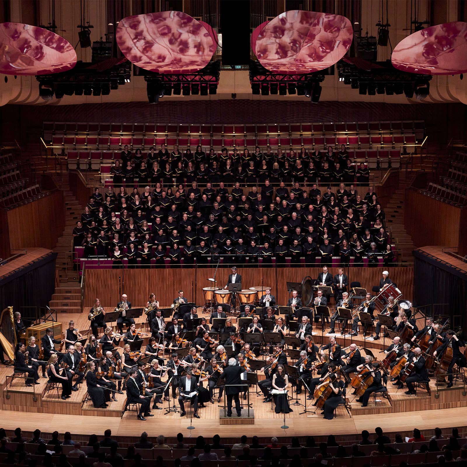 Orchestra and choir perform on a concert hall stage with microphones, instruments, and dramatic pink lighting backdrop.