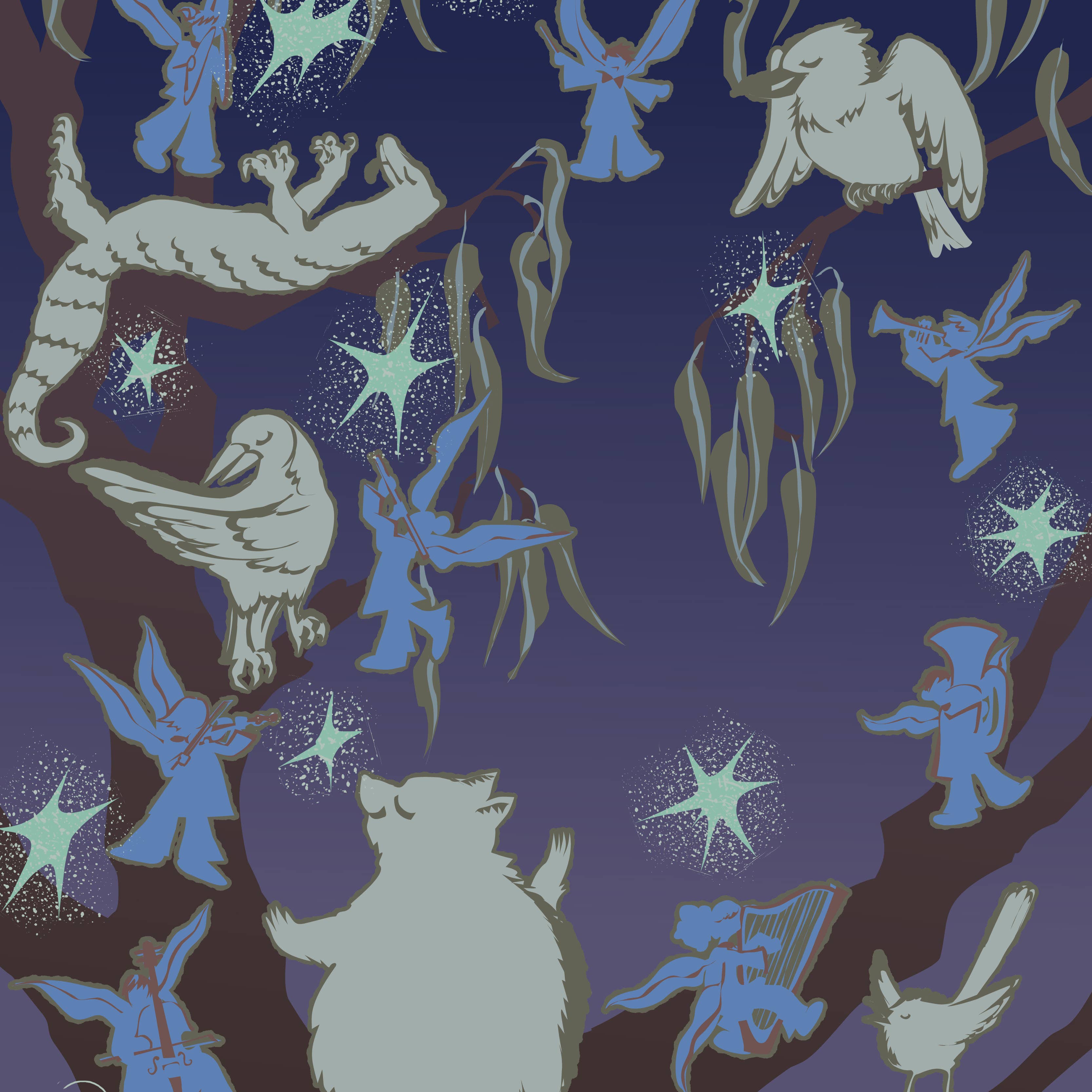 Fantasy illustration of blue winged fairies and white animals casting spells amid teal starbursts on a purple background