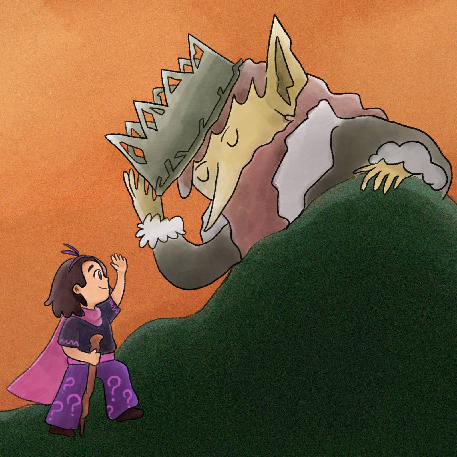 Cartoon illustration of a child in purple reaching towards a friendly giant in a crown