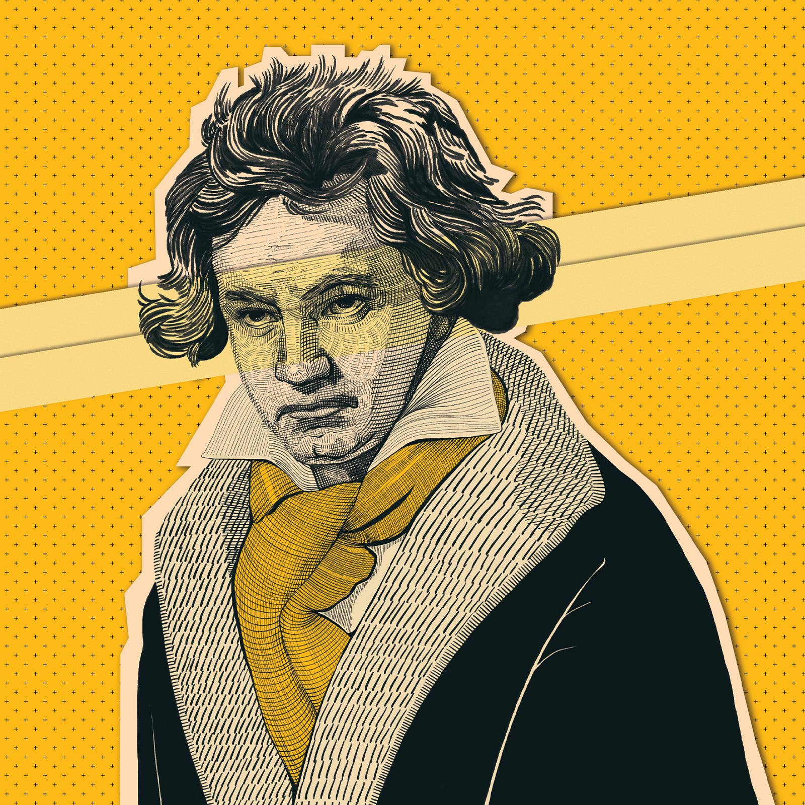 Stylized vintage portrait of a wavy-haired man, wearing a coat and patterned cravat on a retro yellow background