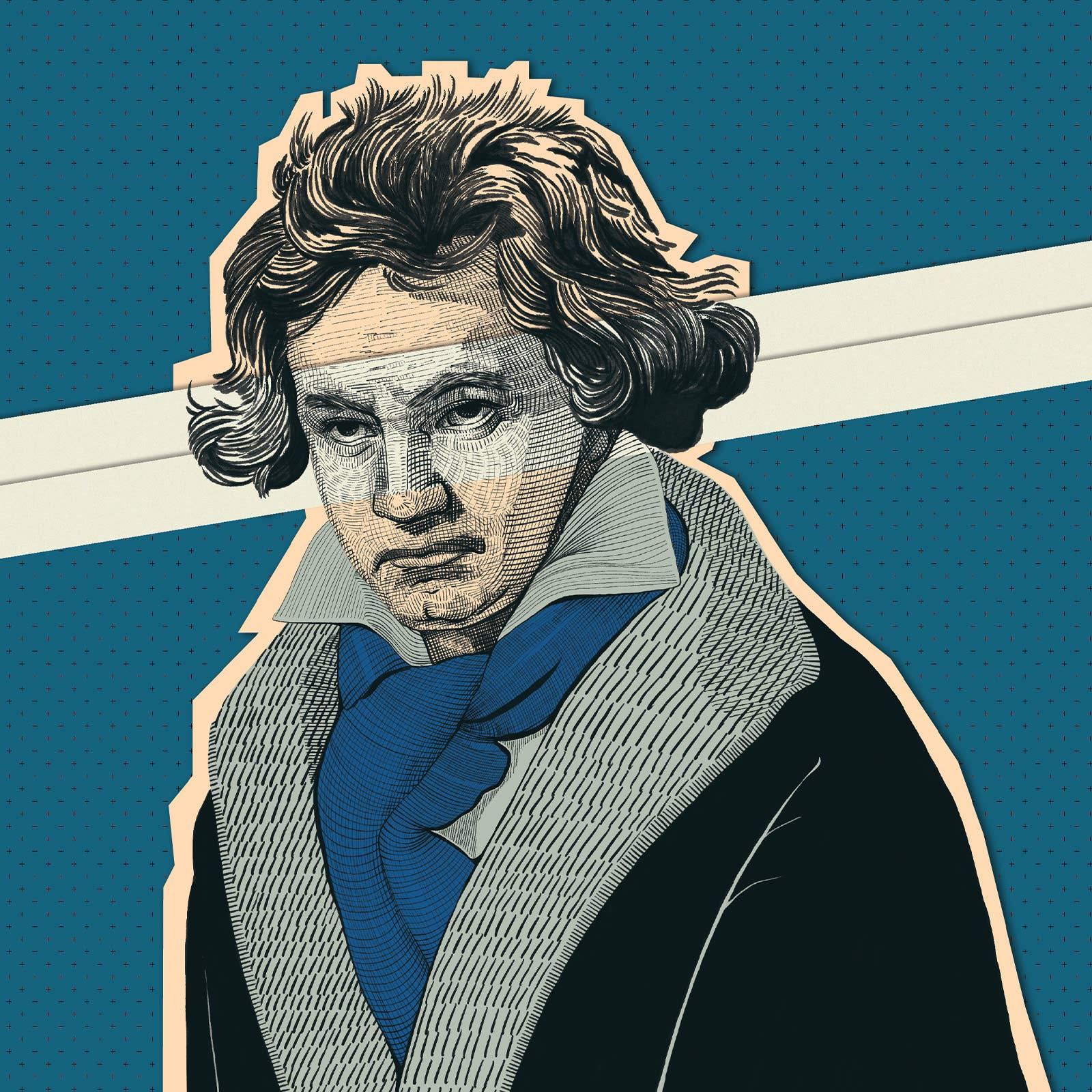 Stylized vintage portrait of a wavy-haired man, wearing a coat and patterned cravat on a retro blue background