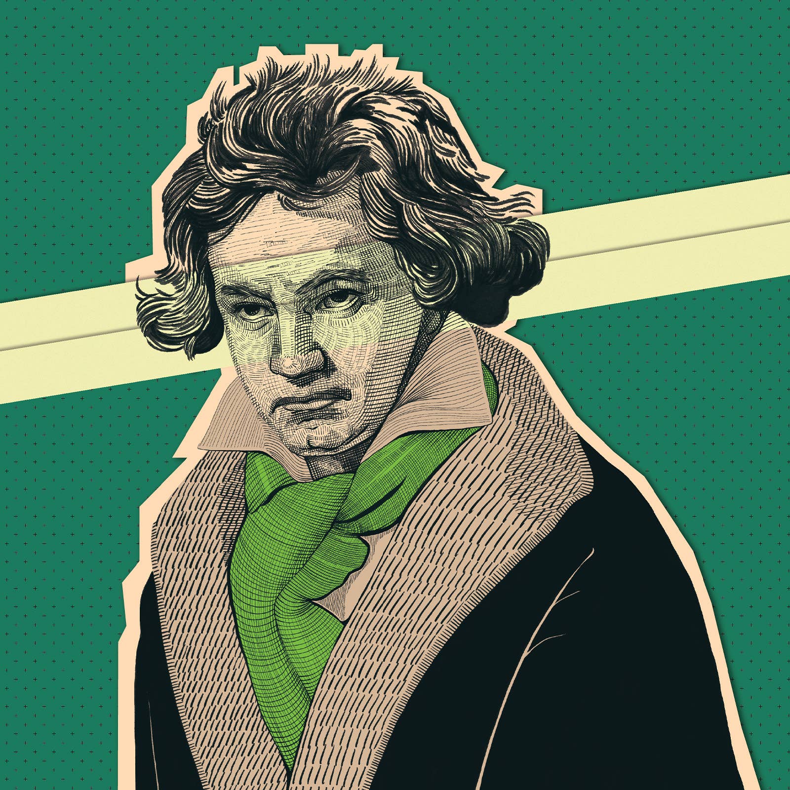 Stylized vintage portrait of a wavy-haired man, wearing a coat and patterned cravat on a retro green background