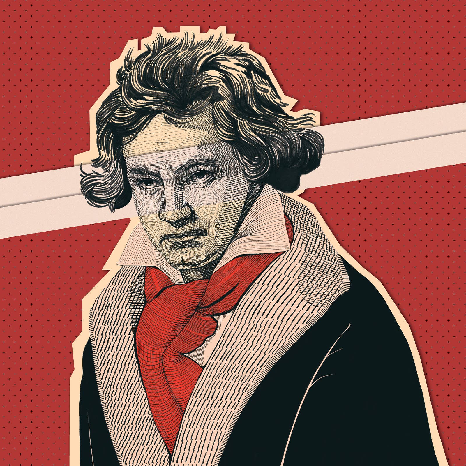Stylized vintage portrait of a wavy-haired man, wearing a coat and patterned cravat on a retro red background