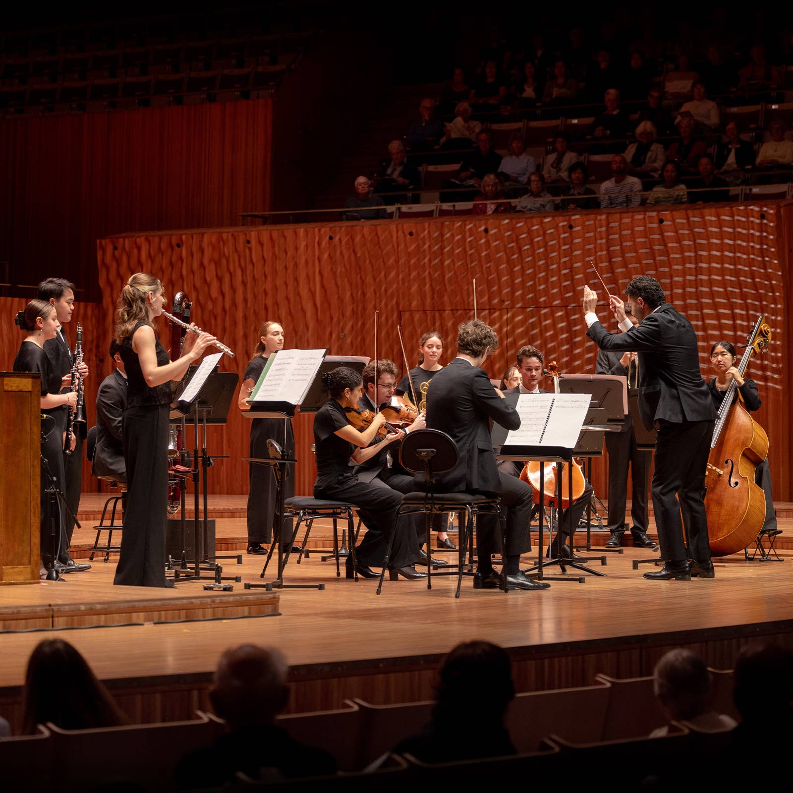 Orchestra performs on stage with conductor leading, musicians holding instruments including violin, oboe, clarinet, and bass.