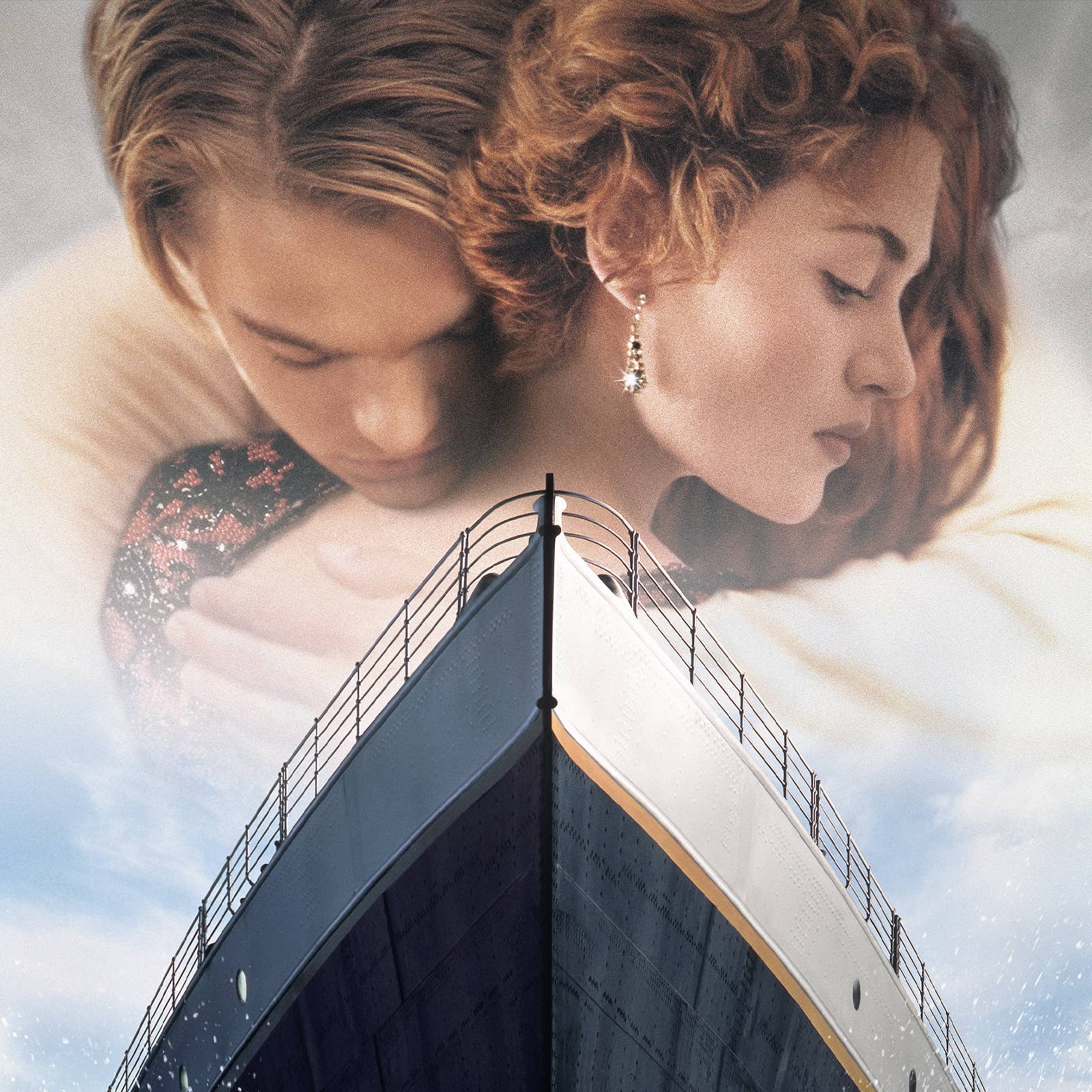 Close-up double exposure of a man and a woman leaning together, with a ship bow railing in the foreground.