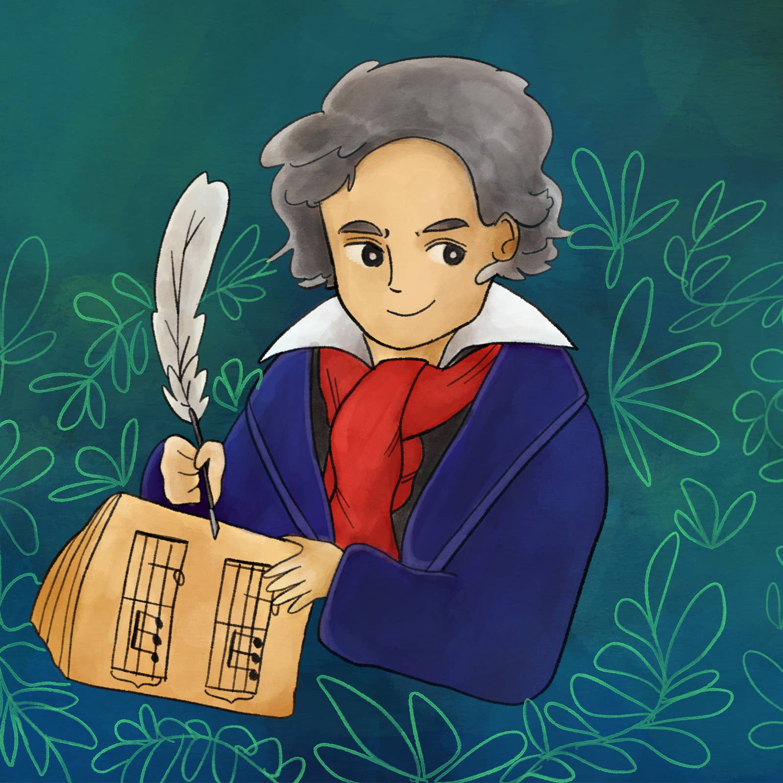 Cartoon composer with gray hair smiles, holding a feather quill and notebook amid green plants on a teal background