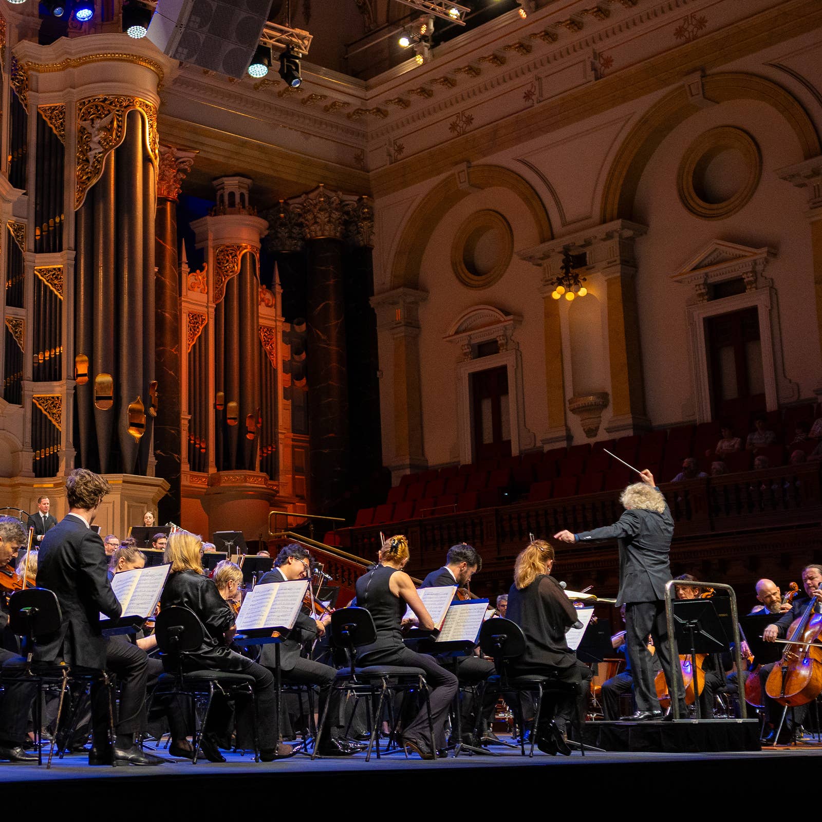 Orchestra musicians in a grand concert hall beside ornate organ pipes, with a conductor gesturing on stage