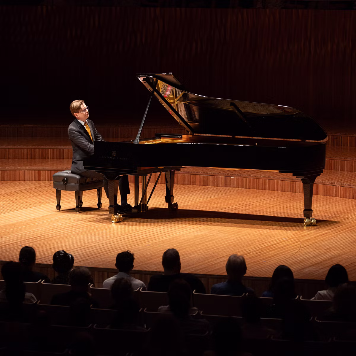 Man in suit plays a grand piano on a concert stage under spotlight, with audience silhouettes in foreground.