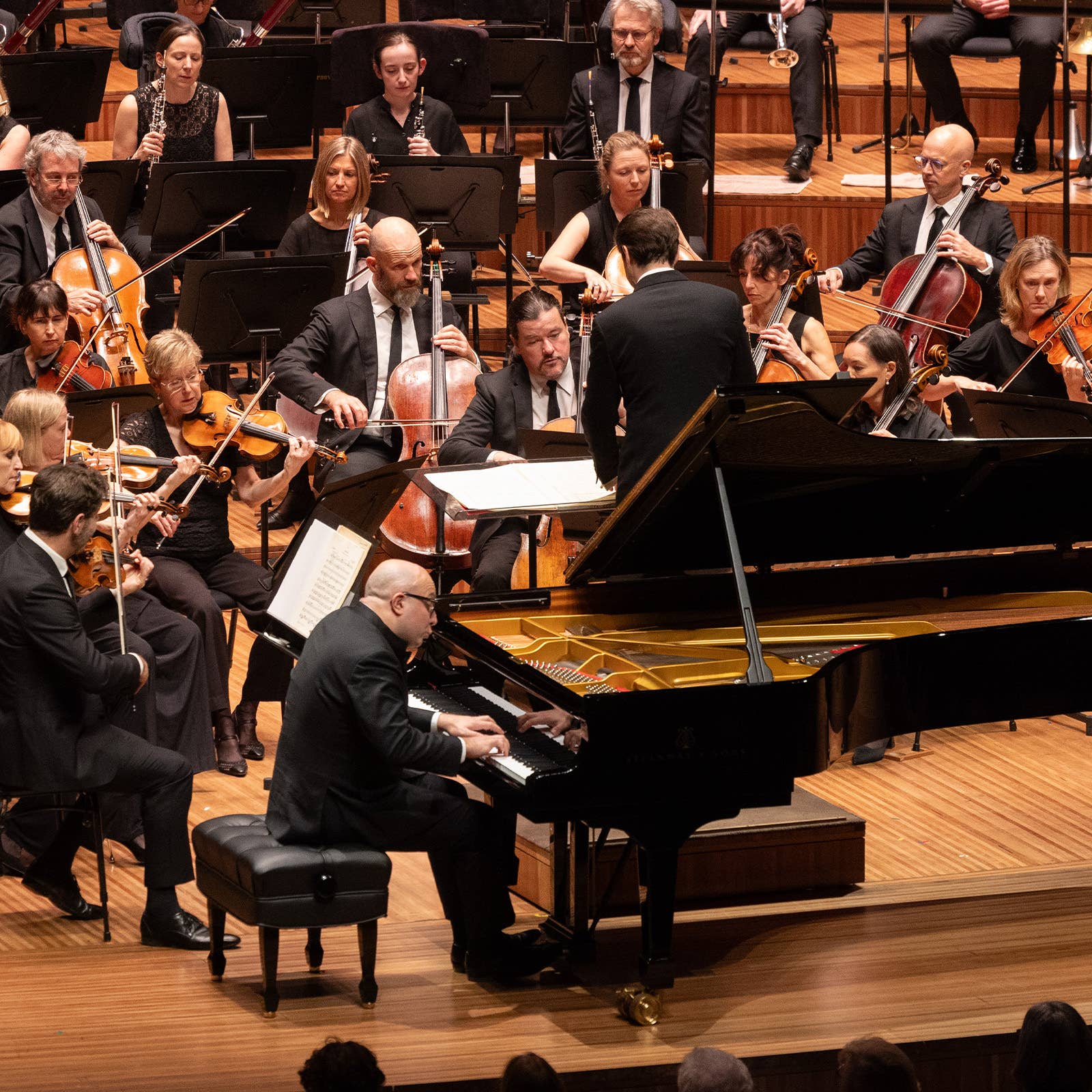 Orchestra performing on stage with pianist at grand piano, strings and clarinets seated among music stands