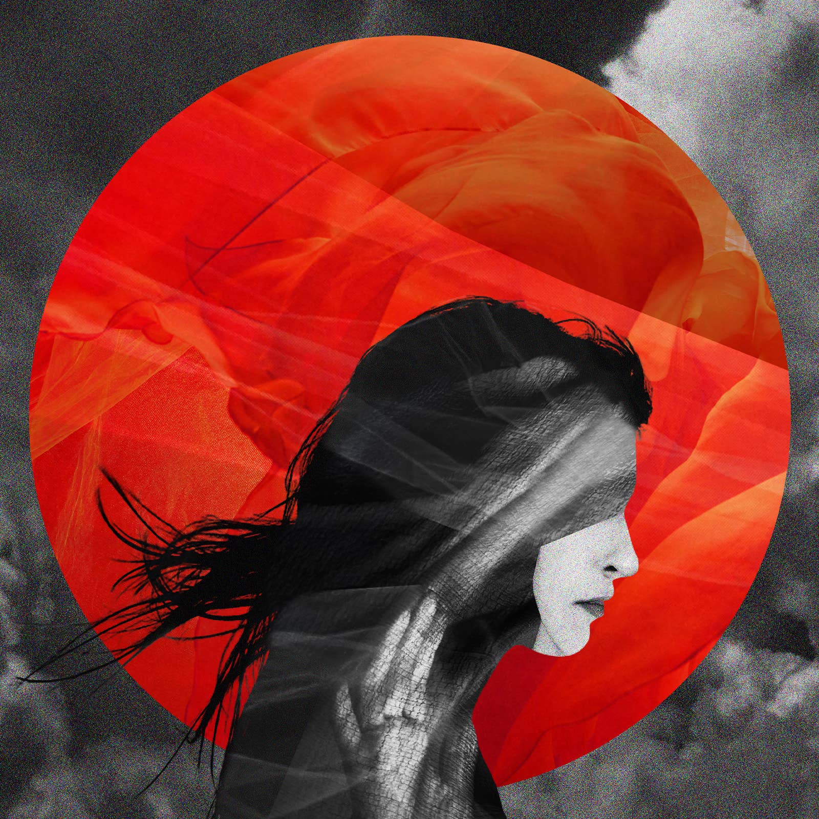 Illustration of a woman’s profile in black and white, in front of a red circle with flowing brush strokes.