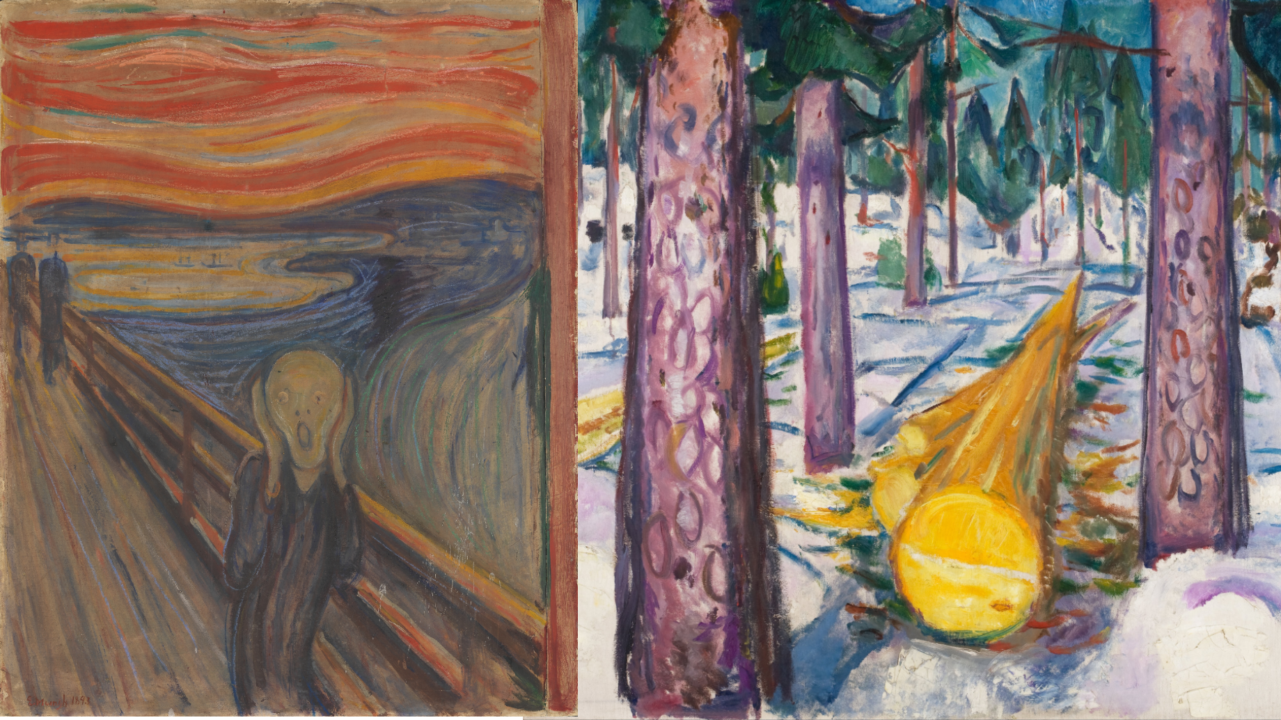 Split painting: a muted seated figure beside bold red and stripes on the left, and a sunlit street scene with trees and a yellow sun on the right