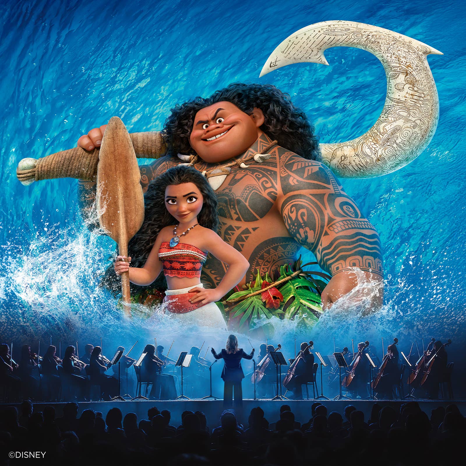 Moana and Maui ride waves with decorative hook, over ocean, as a silhouetted orchestra stands below.